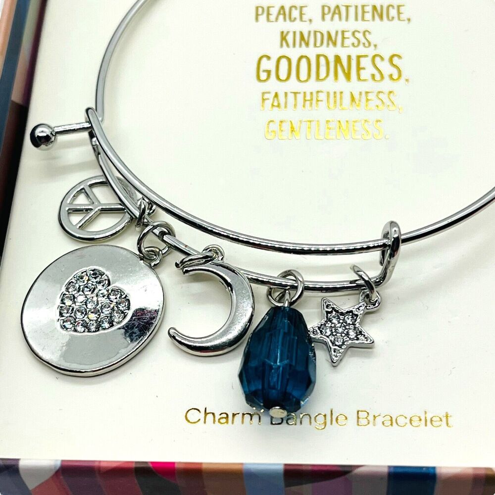 Charm Bangle Bracelet Gift New Silver Tone Blue Acrylic Gem Celestial Star Moon
